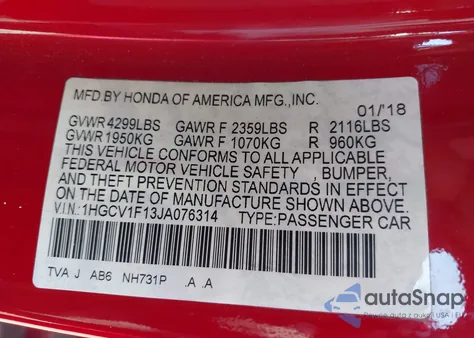 2018 Honda Accord Lx from USA, damaged, VIN 1HGCV1F13JA076314